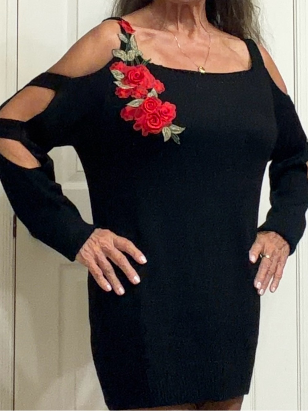 Women's Black Dress w/ Red Rose Embroidery